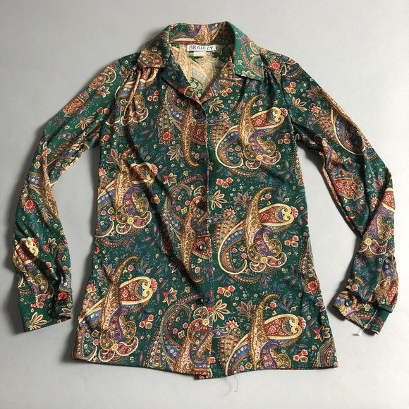Vintage Tops - Vintage 70s Green Paisley Polyester Shirt Top